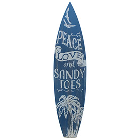 サーフボード型ウッドプラーク PEACE LOVE and SANDY TOES(縦型木製看板)91.5cm