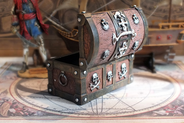パイレーツスカル チェスト スカルボックス(海賊宝箱) Wooden Pirate Skull Treasure Chest Box