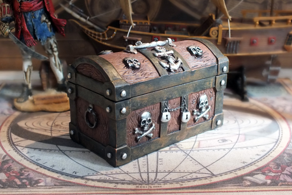 パイレーツスカル チェスト スカルボックス(海賊宝箱)  Wooden Pirate Skull Treasure Chest Box 