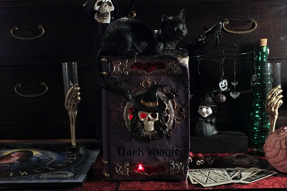 呪文(魔法書)スペルブック マジック(黒猫と魔女)LEDライトアップデコ Spell Book of Magic LED Lights-up Blackcat&witch