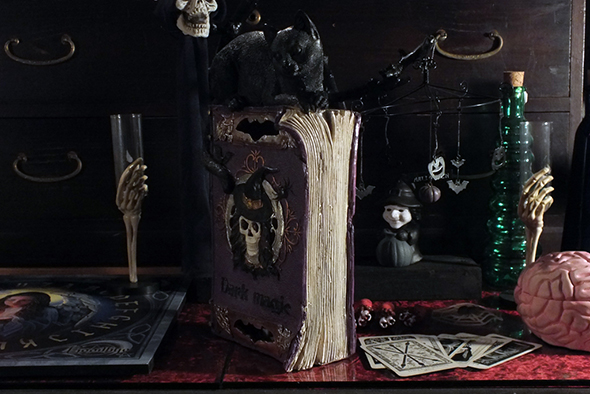 呪文（魔法書）スペルブック マジック（黒猫と魔女）LEDライトアップデコ  Spell Book of Magic LED Lights-up Blackcat＆witch 